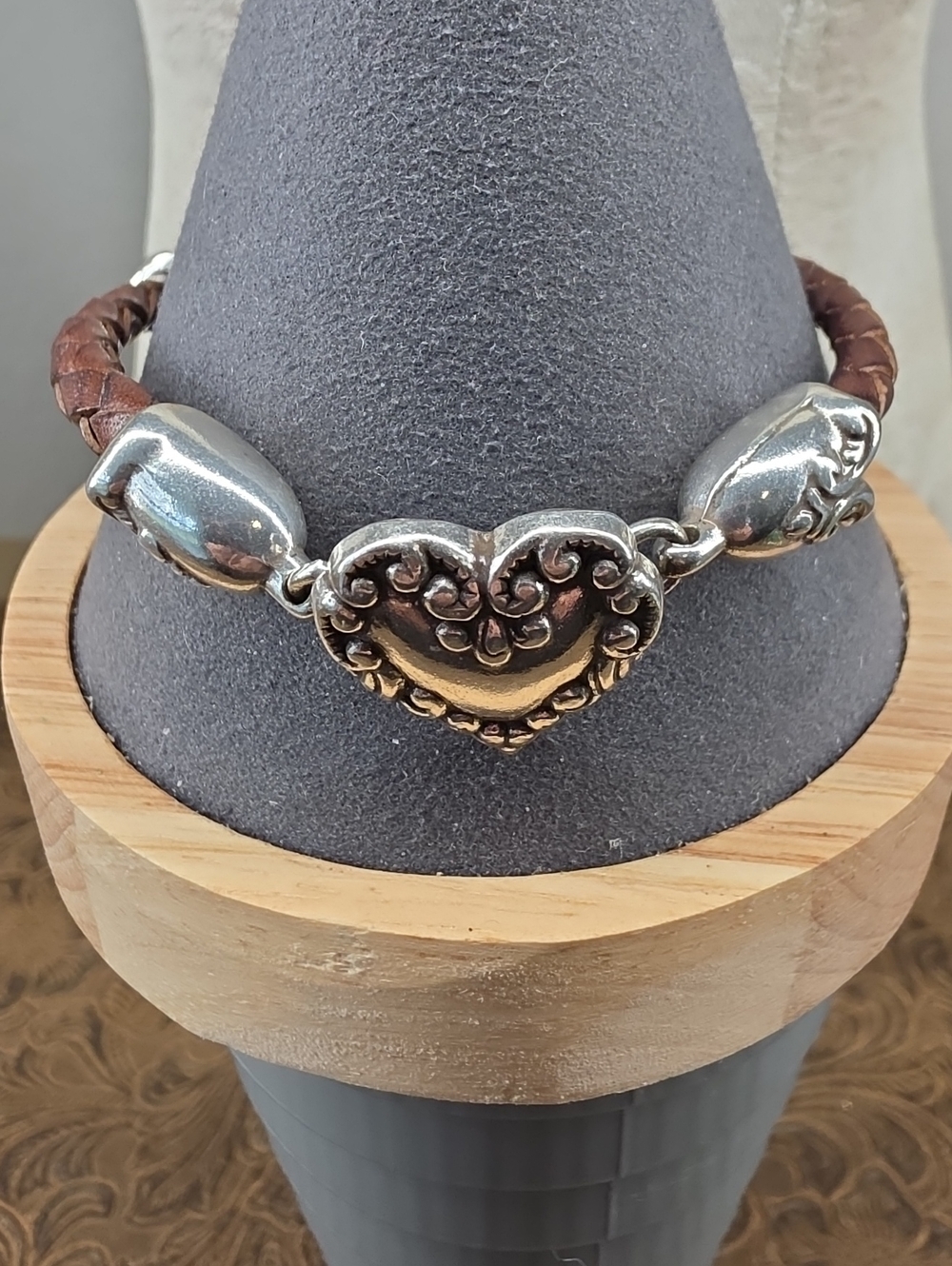 Vintage Brighton Silver Heart Brown Leather Braided Western Bracelet